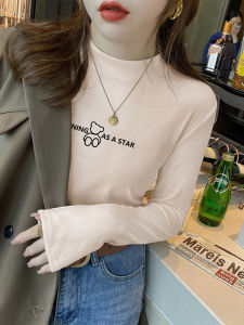 Womens Slim Fit Fleece Lined Double Sided Cashmere Base Shirt Half High Collar Knitted Top Korean Style Commute Fashion