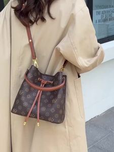 Classic Vintage Monogram Bucket Crossbody Bag Trendy Versatile Drawstring Shoulder Bag with Leather Trim & Gold Hardware