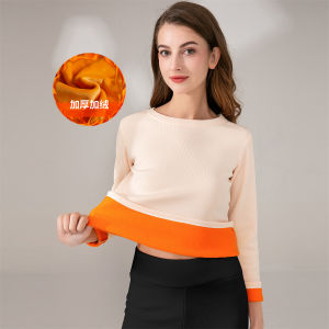 Thickened Fleece Lined Long Sleeve Base Shirt Womens Slim Fit Inner Wear T-Shirt Warm Top Casual Style Pure Color Polyester Fiber