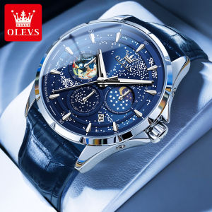 OLEVS Starlight Watch for Men 100% Original Waterproof Trendy Big Dial Chronograph Luminous Leather Strap with Box