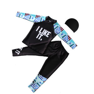Swimming Outfit for Kids Boys Two Pieces Swimwear for Children with Swim Cap Boys Swimsuit Black Geometry Pattern Swimming Suit for Teens Long Sleeve Rash Guards for Child 2-11 Y