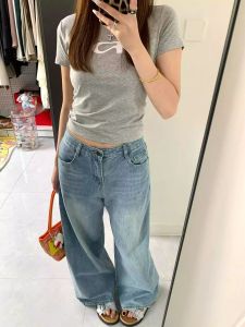 เอวสูงสีตรงขา DENIM กางเกงยีนส์ผู้หญิงหลวมฤดูใบไม้ผลิ/ฤดูใบไม้ร่วง Anti-Wrinkle ขากว้างลาก-กางเกงสไตล์