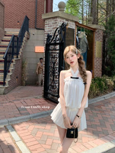 ชุดแฟชั่นฤดูร้อน ชุดกระโปรงทรงเอคอวีแขนกุด กระโปรงสั้น ชุดกระโปรงทรงเอ ชุดแฟชั่นสำหรับผู้หญิงวัย 18-25 ปี