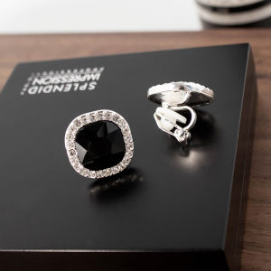 Elegant Black Square Crystal Gem Clip-On Earrings for Women Shiny Diamond Embedded No Piercing Required Fashion Jewelry