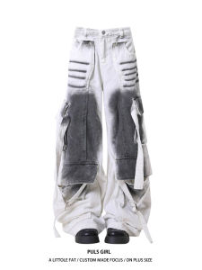 Plus Size American High Street Vibe Wind Dirty Bandage Cargo Jeans Men and Women Multi-Pocket Loose Wide Leg Mop Pants