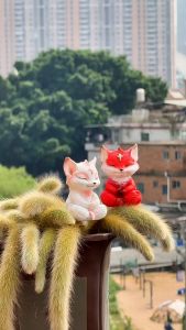 9 Tailed Fox Statue & Monkey Tail Cactus - Faux Succulent Decoration for Balcony/Garden Decorative Vase & Mini Garden