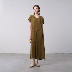 Designer Style Gantner Short Sleeve Gown Womens Pleated Texture V-neck Miniature Sleeve Tie Waist Dress Summer Fashion