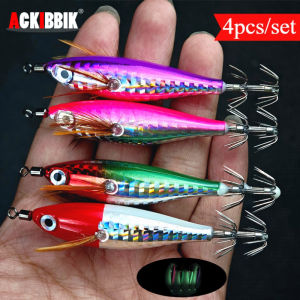 Ackibbik 4pcs Luminous Horizontal Squid Jig Saltwater Squid Glow Jigs Horizontal Sea Shrimp Jig Lure Cutlassfish Fishing Octopus