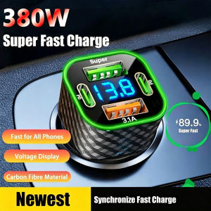 Dual Type C Car Phone Quick Charger 4 in 1 with Voltage Display Super Fast Charge Adapter for iPhone Xiaomi Oppo Vivo Samsung