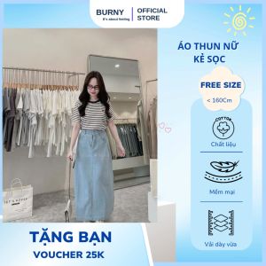 Áo thun phông nữ cổ tròn tay ngắn sọc ngang có thêu chất liệu cotton có co giãn nhẹ BURNY
