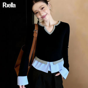 Puella | Color Block Faux Layer V Neck Knit Sweater