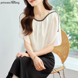 WANGGONGZHU | Elegant Short Sleeve Chiffon Top Womens Summer Thin Lace Trimmed Sleeveless Elegant Top Princess Style Commute Style Straight Cut