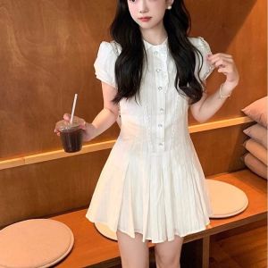 Váy Ngắn Màu Trắng Ngọt Ngào Cho Nữ Mùa Hè 2024 Váy Ngắn Chữ a Cạp Cao Thường Ngày Bằng Polyester Váy Ngắn Cho Nữ