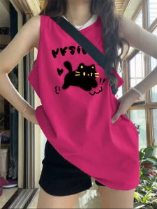 Oversize Sporty Mid-Length Sleeveless Tank Top Womens Summer Outdoor Wear Loose Fit T-Shirt Style Casual Fashion