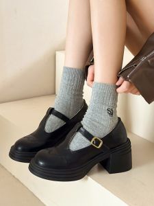 Retro Black round Toe Mary Jane Shoes Womens Spring New Thick Heel Heightening Retro Single Shoes Small Leather Shoes