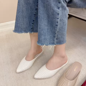 BossGo New Ponted Toe Half Shoes With Flat Heels Glossy Rubber Slippers For Womens Footwear (+1 upsize bigger)