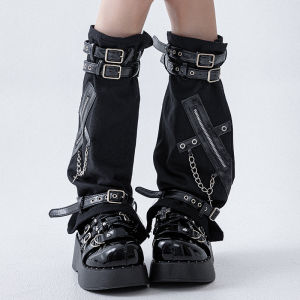 Solost Black Denim Zip Leggings Womens Spring Summer Subculture Y2K Buckle Tie Micro Flare Functional Style Socks Covers