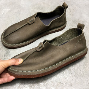 Handmade Mens Flat Bottomed Soft Surface Cowhide Shoes Retro Single Layer Cowhide Leisure Fashionable round Toe Slip-On Shoes