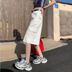 QIAOMIDUO | Summer Thin White Denim Work Pants Womens Style High Waist Wide Leg Casual Loose Fit Jeans Seven-Foot Length Cotton 100%