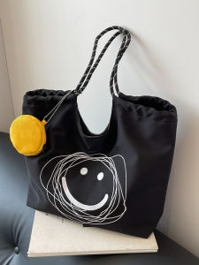 Korean Style Large Capacity Commuter Womens Tote Bag Fashionable Single Shoulder Bag Autumn Winter Smiley Print Handbag