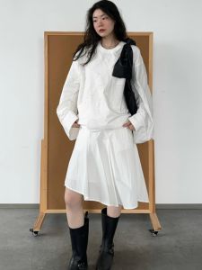 กระโปรงทรงเอเอวสูงสีขาว กระโปรงทรงเอผ้าลาย a สไตล์ฝรั่งเศส กระโปรงทรงเอทรงเอสองด้านสำหรับผู้หญิงในฤดูร้อน กระโปรงทรงเอแบบไม่สมมาตร