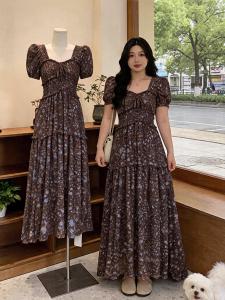 Vintage Floral Print Square Neck Plus Size Slimming Stylish Long Dress
