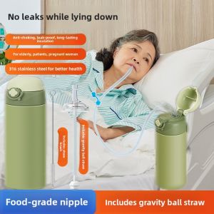 Bedridden Elderly Pregnant Women Long Straw Thermal Cup Anti-Choking Water Cup Lie Flat Gravity Ball Care Cup Stainless Steel