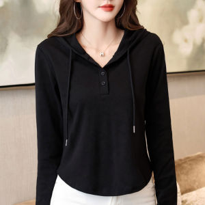 Autumn Spring Pure Cotton Long Sleeve Hoodie Womens Short Top Casual Loose Fit Classic Color Block Sweatshirt