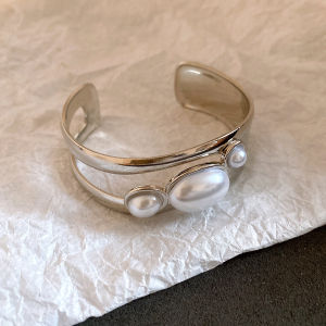 Double-layer Gold Color Open Bangle Inlaid Oval Imitation Pearl Wide Wrist Cuff Bracelets Women Men Minimalist Jewelry Party M