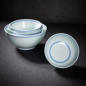 Retro Blue Edged Bowl Chinese Ceramics Underglaze Dinner Soup Bowls Rice Bowls Hakka Bowl Face Bowl for Daily Use Dining Restaurant