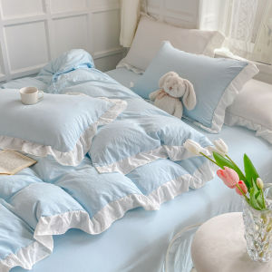 Korean Style Young Adult Heart Lace Soft Glutinous Washed Cotton Bed Four-Piece Set Bed Sheet Quilt Cover Dormitory Single 3 PCs Set Fitted Sheet