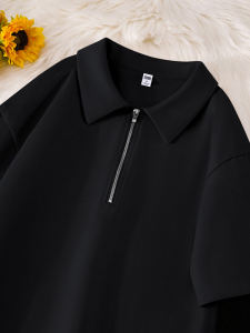 Japanese Style Pure Color Half Zip Polo Shirt for Women Summer Pure Cotton Black Short-Sleeved T-shirt Stylish Niche Style Polo Collar Top