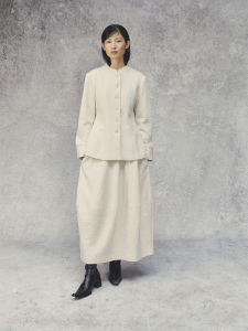 White Texture Wool New Chinese Style Coat Designer Original White Cotton 78% Wool 22% Short Outerwear for Women