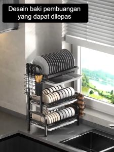 (COD)Rak Piring Wastafel Stainless Steel Penyimpanan Dapur Stainless Mangkuk Dan Piring Rak Piring Dapur Multifungsi
