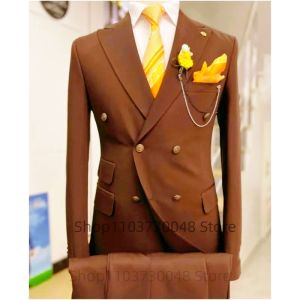 2 PCS Mens Smart Casual Solid Formal Business Wedding Groom Tuxedo Peak Lapel Double Breasted Jacket Pants Set for Party Dinner