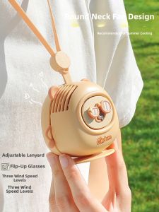 Cute Mini Portable Neck Hanging Fan for Students Children Small Size Rechargeable USB Fan Cartoon Design Lightweight