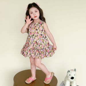 Summer Sleeveless Princess Dress for Girls Floral Print Cotton Soft Fabric Daily Wear Medium Waist Short Skirt Style Kids Clothes