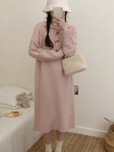 Pink Long Knitted Sweater Dress Womens Loose Slimming Autumn Winter Small Size Inner Wear Three Button A-Line Dress