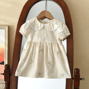 Melario | Summer Beige Sweet and Cute Doll Collar Bubble Sleeves Flower Embroidery Princess Dress for Girls Casual Clothes Korean Version