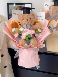 Artificial  Flower Bouquet / Crochet Flower Bouquet With Graduation Bear Handmade Knitted Flower Artificial Bouquet Birthday Graduation Celebration Bouquet