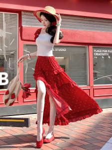 Dopamine Boost Elegant Red Polka Dot Dress Set High Waist Summer Vacation Style Long Skirt High Quality Womens Fashion