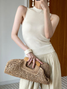 ผู้หญิง SLIM FIT Lyocell ถักเสื้อกล้ามกึ่งสูงรอบคอผ้าไหมหม่อนด้านในสวมใส่ด้านนอกสวมใส่ Combo Unsleeved สําหรับฤดูร้อน