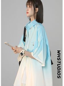 American Gradient Color Short Sleeve Loose Mens Shirt Autumn Trendy Brand Seven-Foot Sleeve Design Sensation Couple Jacket