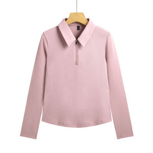 Slim Fit Long Sleeve Polo Neck T-Shirt Womens Base Shirt Spring Autumn New Style Pure Color Simple Style Cotton Casual Top