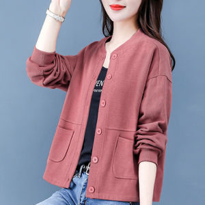 Spring Autumn Short Jacket Womens Loose Fashionable Slimming Mom Top Stylish Coat Casual round Neck Other Fabric Regular Length