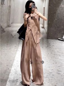 Elegant Summer Womens Two-Piece Suit Chinese National Style Wide Leg Pants High-End Feelings Short Sleeve V-Neck Buttoned Dress