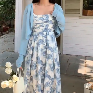 blue floral summer halter sleeveless dress for women boho challis beach backless off shoulder dress