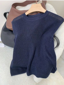 CHOEFULYN | Navy Ice Silk Thin Round Neck Knit Vest Womens Summer Loose Layering Top