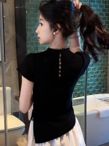 Áo Thun Nữ Tay Ngắn Dệt Kim Màu Đen Thắt Eo Tay Lửng Thiết Kế Mùa Hè Cổ Tròn Dáng Ôm Chất Liệu Cotton Phong Cách Thường Ngày