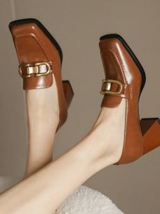 Leather Commuter Style Womens Shoes Spring Autumn Versatile High Heel Thick Heel Fashionable Casual Metal Element Slip-On